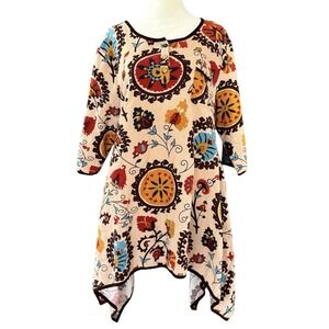 Helen's Heart Cotton Linen Blend Boho Floral Tunic Top Women's‎ L Lagenlook